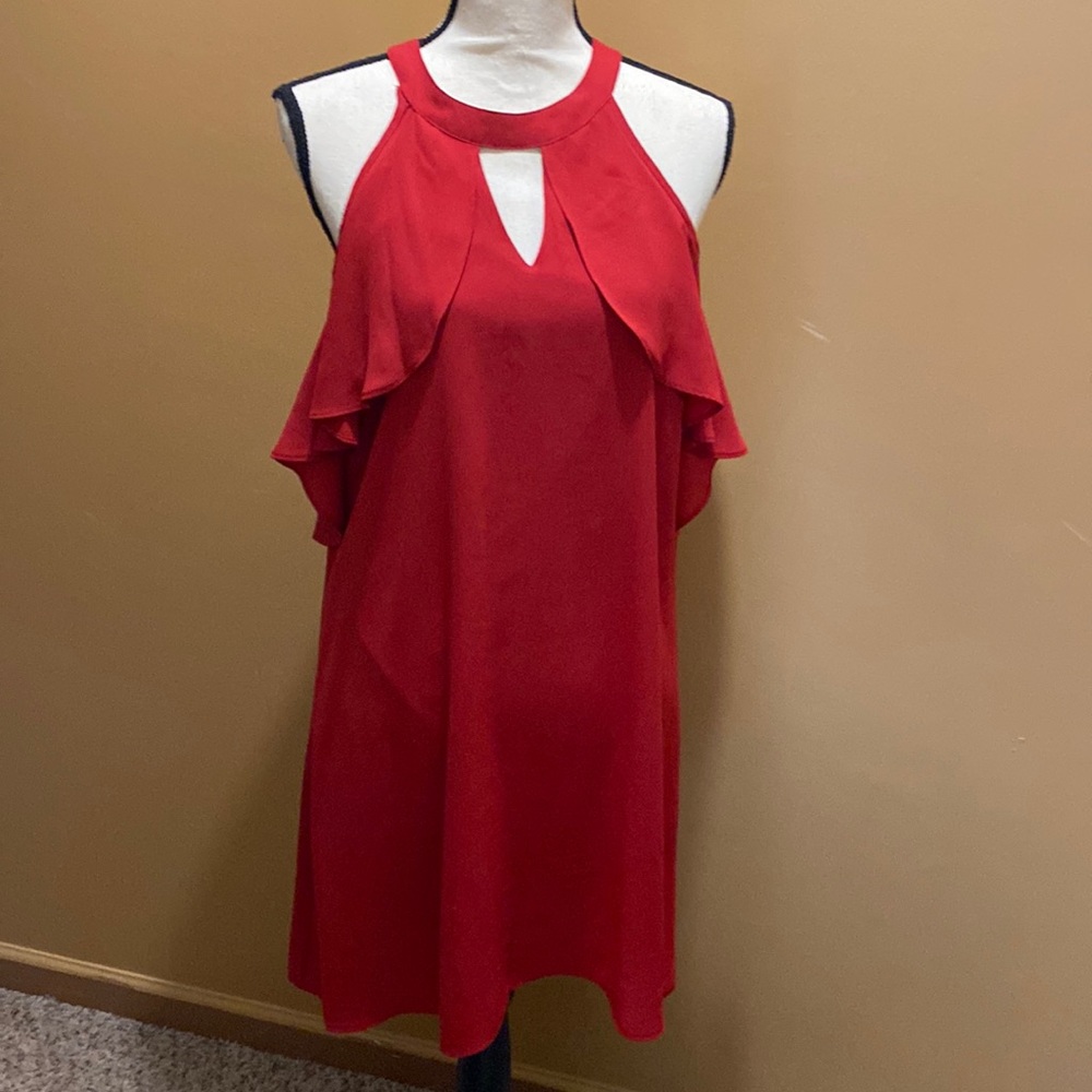 Candie’s red cold shoulder dress with flutter sleeves keyhole neckline sz XL